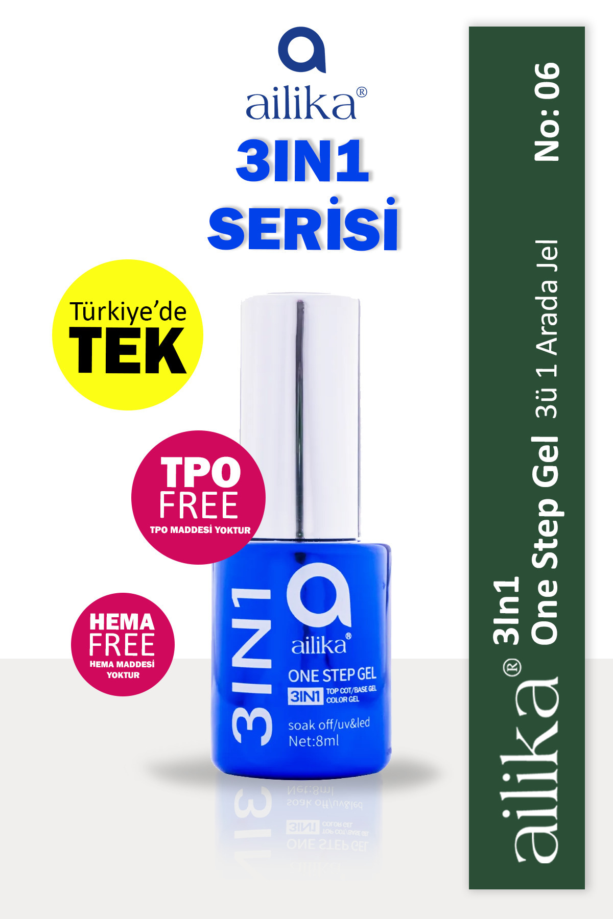 Ailika 3in1 Jel Topcoat ve Basecoat Dahil Kalıcı Oje 3in1 8ml No