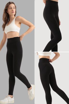 less is or Yüksek Bel Zayıf Gösteren Dikişli Siyah Tayt