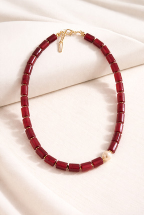 Cunda Doğal Taş Design Akik & İnci & Hematit Doğal Taş Kolye