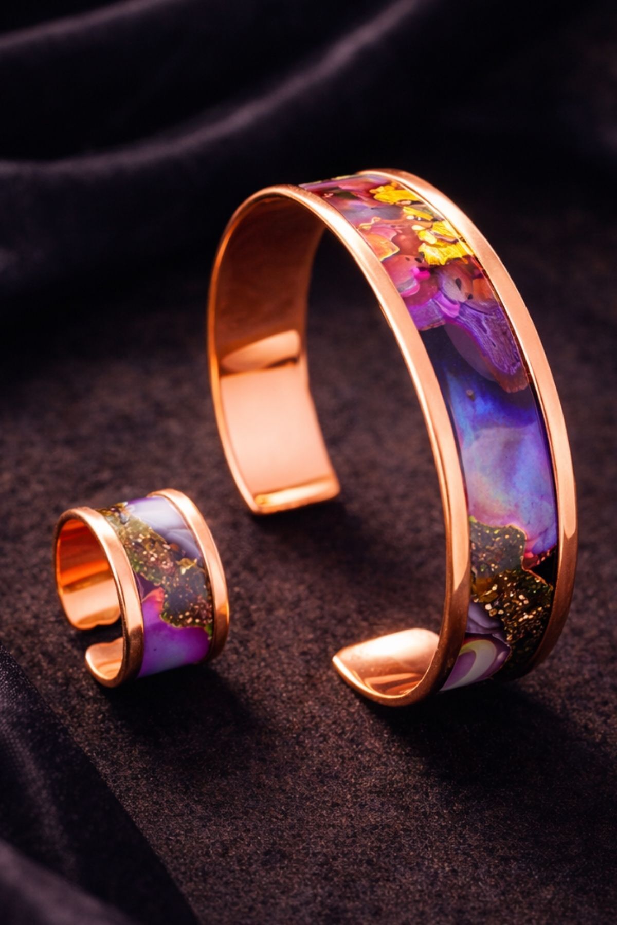 Women's Copper Bracelet Ring Set Lavender Wave Model Adjustable Clamp Bracelet