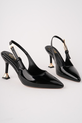 RoseVeno Kadın Siyah Rugan Tokalı Sivri Burun Şık Topuklu Stiletto Ayakkabı