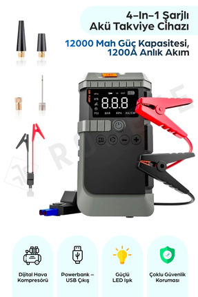 ROBEVE 4-in-1 Şarjlı Akü Takviye Cihazı Uyumlu – 12000 mAh , 1200A , Lastik P...