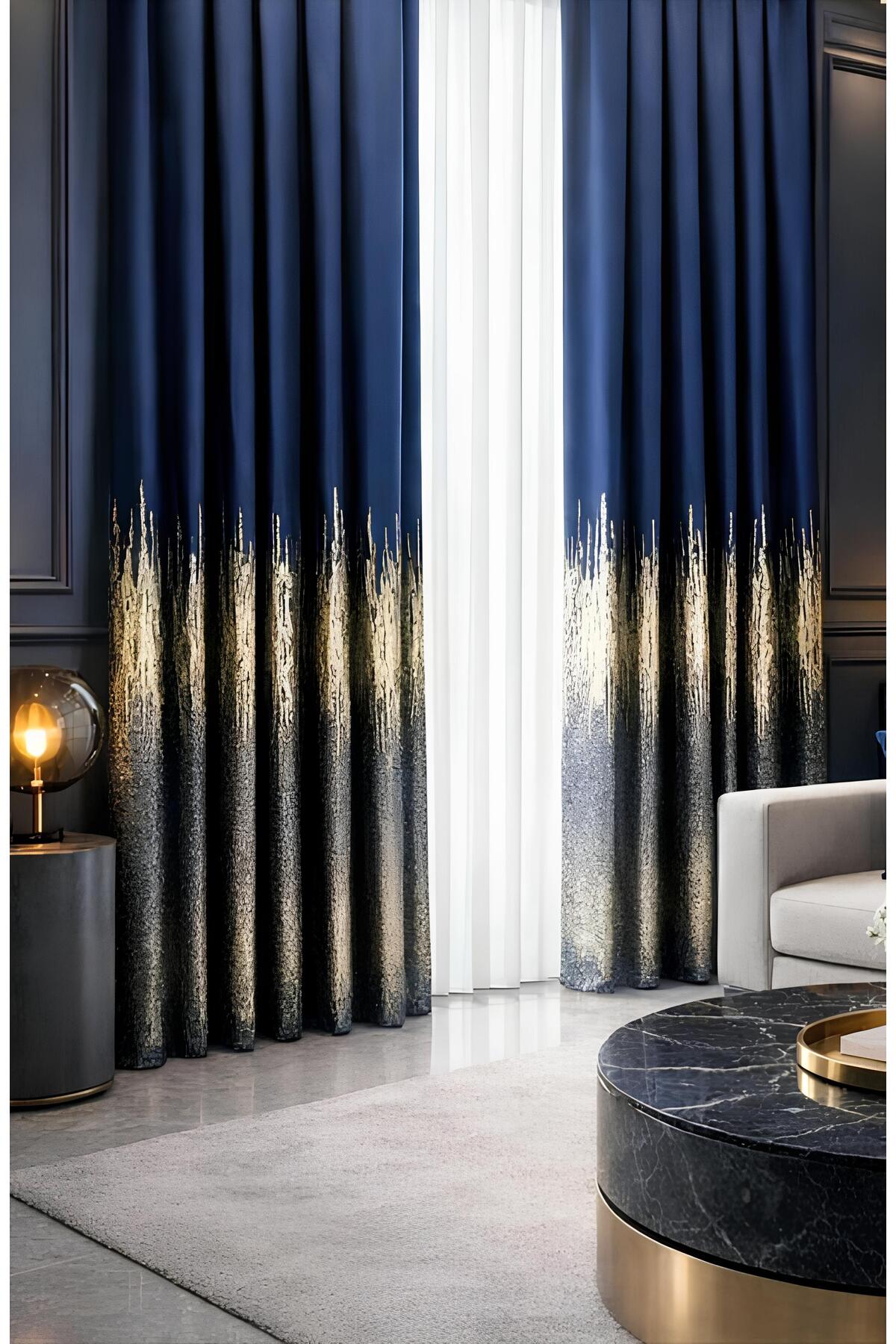 Background Curtain Board Enza Pattern Navy Blue Gold Gray Suitable for All Tulle Curtains Frequent Pleat SINGLE WING