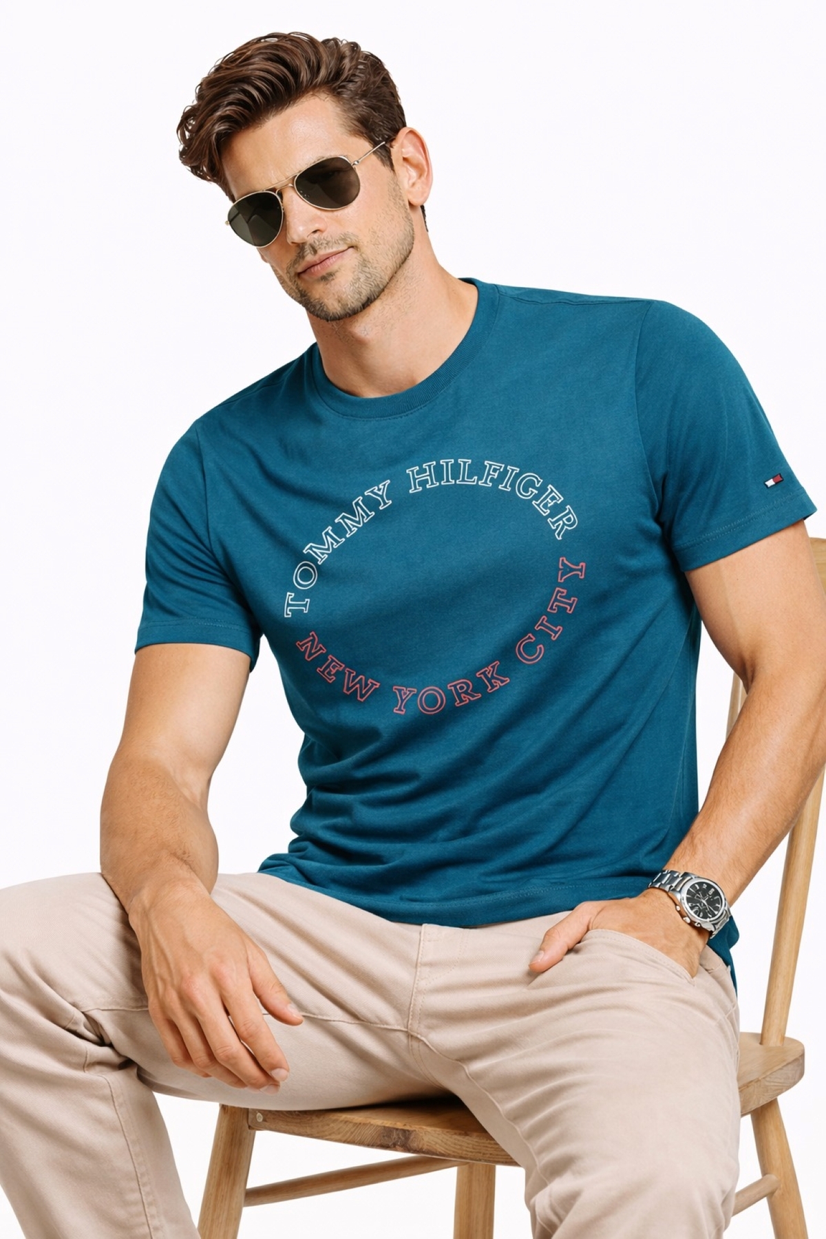 تامی هیلفیگر تی‌شرت مردانه طرح‌دار ۱۰۰٪ پنبه‌ای، بافتی باریک و مناسب