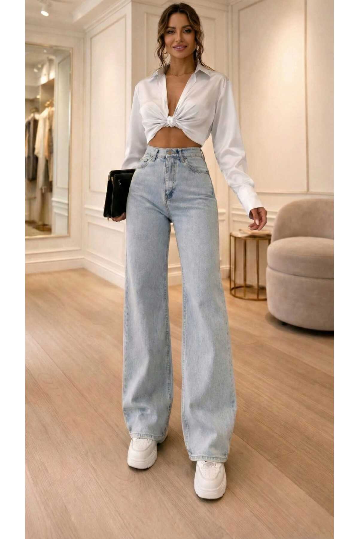 NWC  Buz Kar Yıkama Likralı Süper Yüksek Bel Salaş Paça Denim Palazzo Pantolon - Görsel 5