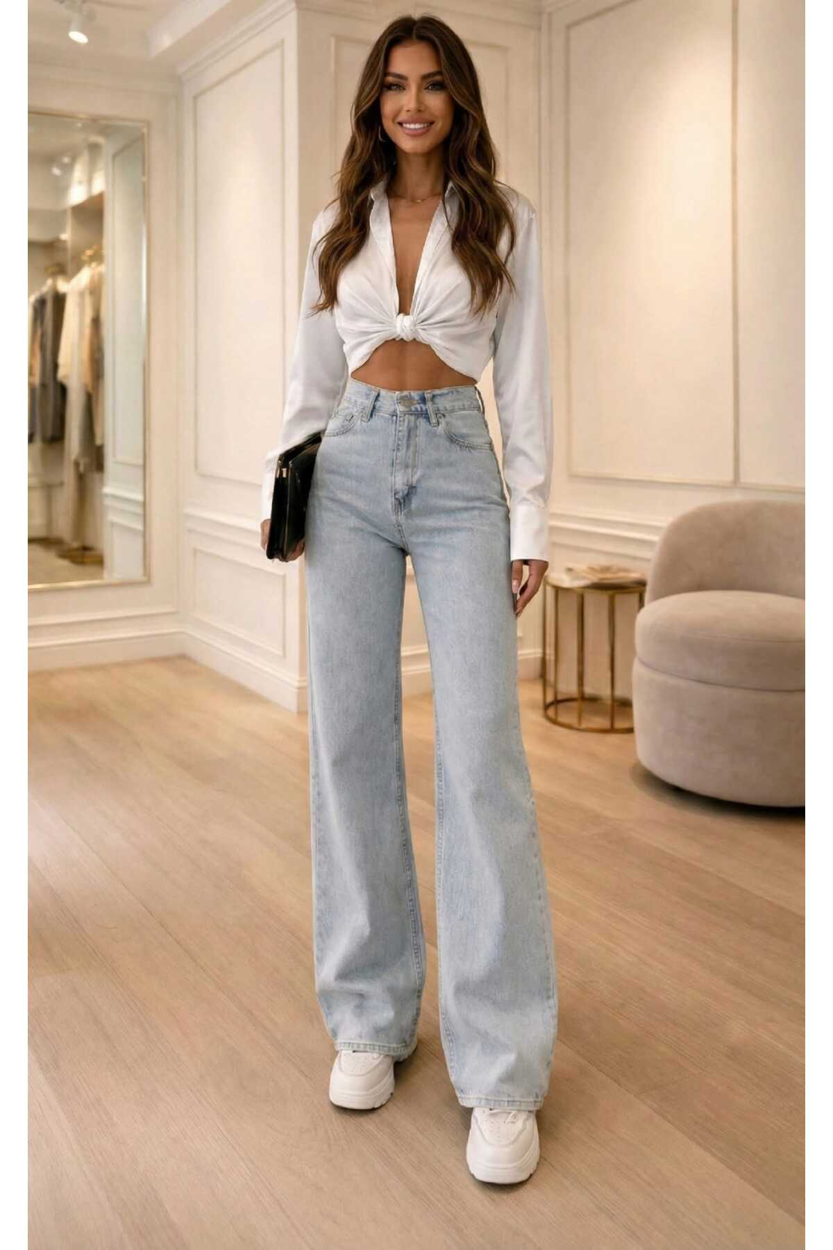 NWC  Buz Kar Yıkama Likralı Süper Yüksek Bel Salaş Paça Denim Palazzo Pantolon - Görsel 3