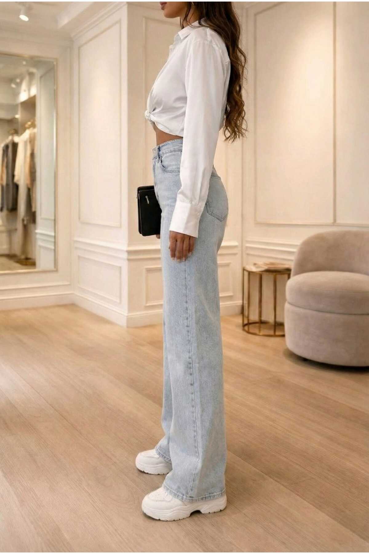 NWC  Buz Kar Yıkama Likralı Süper Yüksek Bel Salaş Paça Denim Palazzo Pantolon - Görsel 7