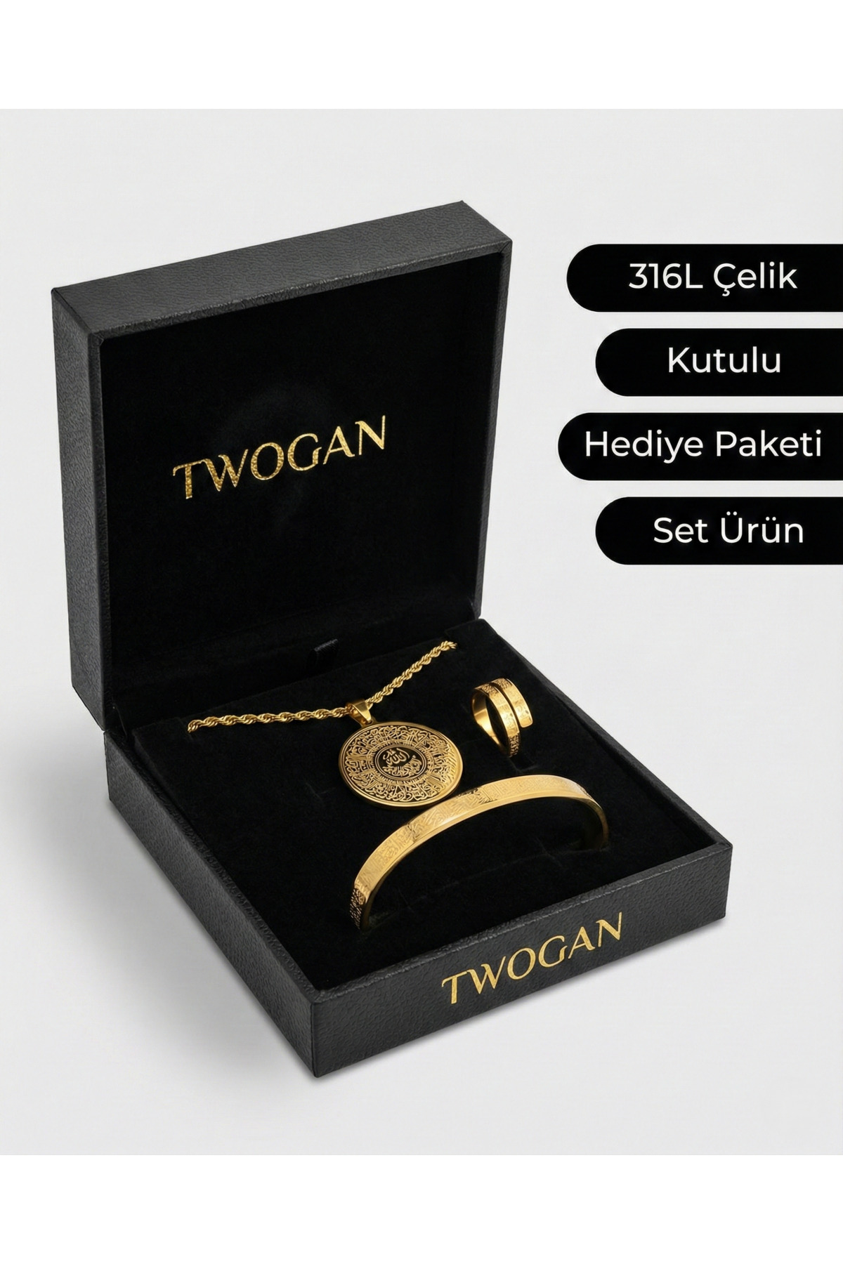 Verse Globe Steel Bracelet, Necklace, Ring Set, Gold Color