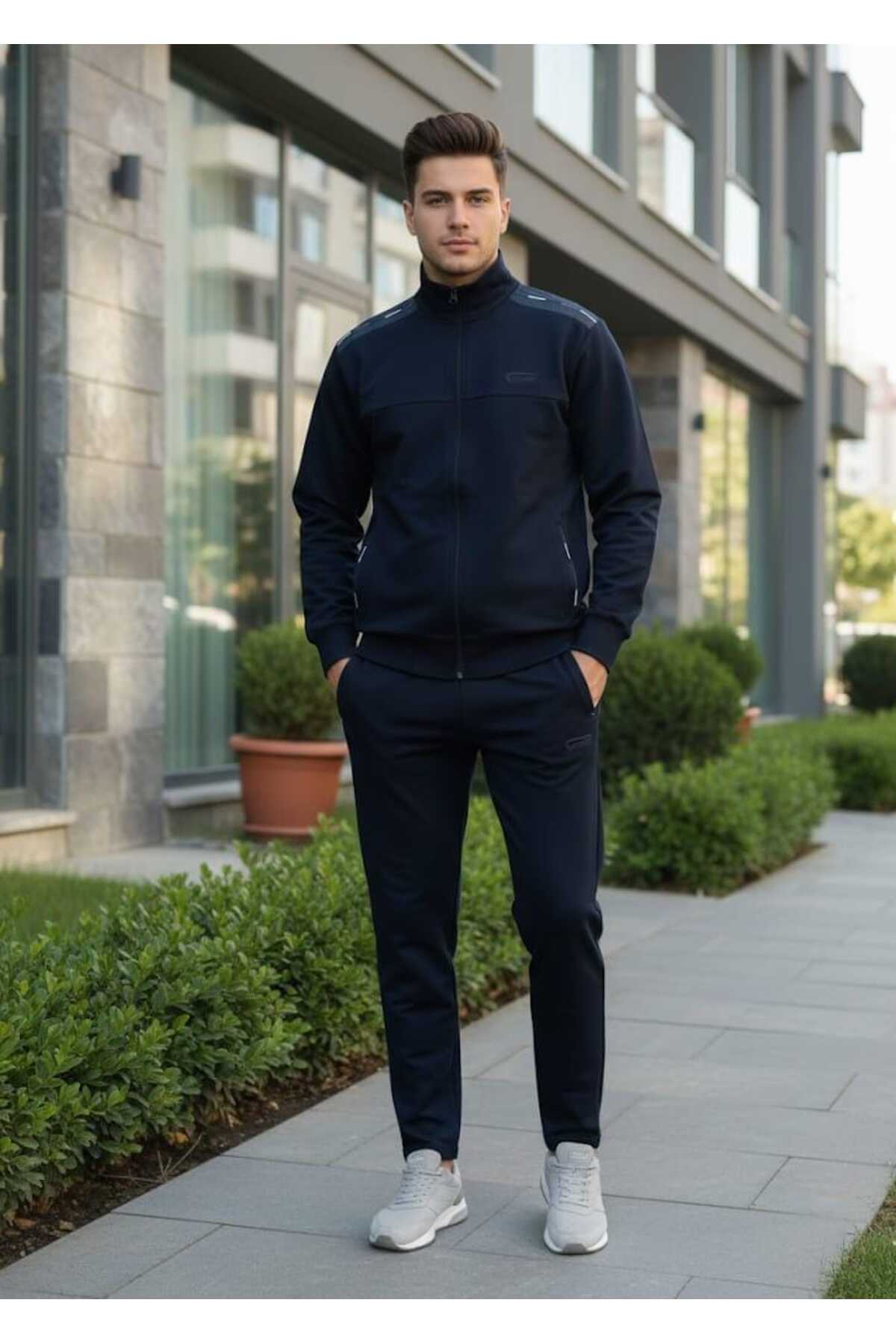 Lacivert İki iplik kompak penye omuz detaylı erkek eşofman takımı — سرمهای omzdnkş