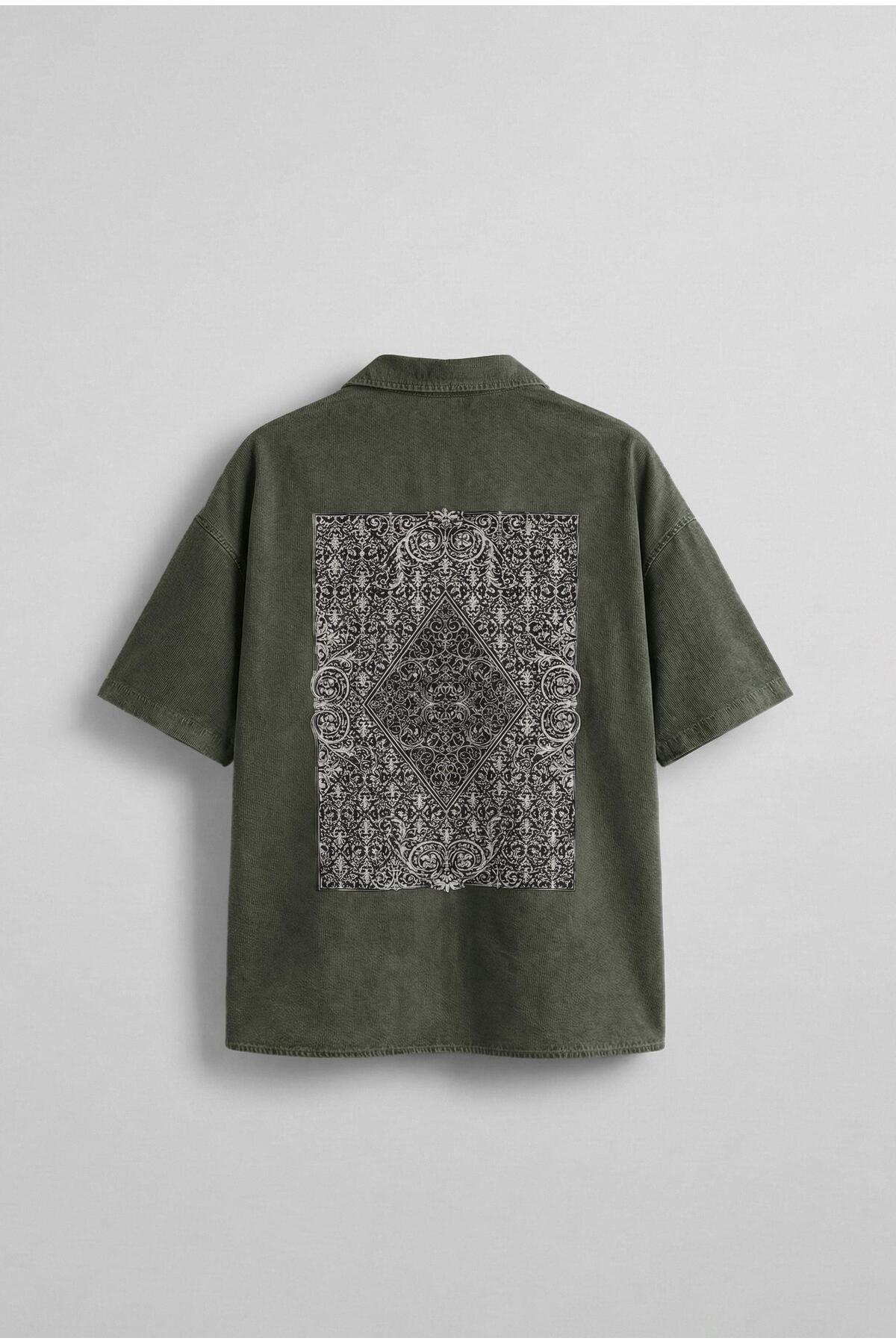 Men's Short Sleeve Pattern Printed Washing Oversize Shirt Khaki