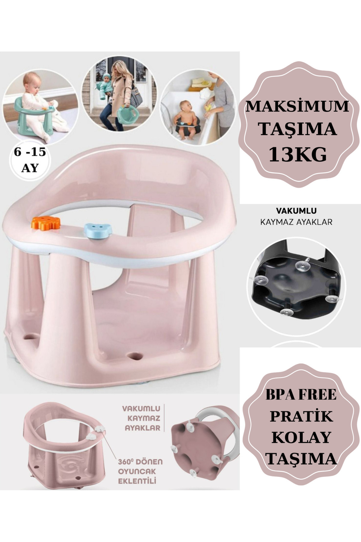 PONÇİK STORE Vakum Tabanlı Bebek Mama Sandalye Oturağı Oyuncaklı Banyo Oturağı Pembe Minder Hediyeli fotoğrafı 5 (önizleme)