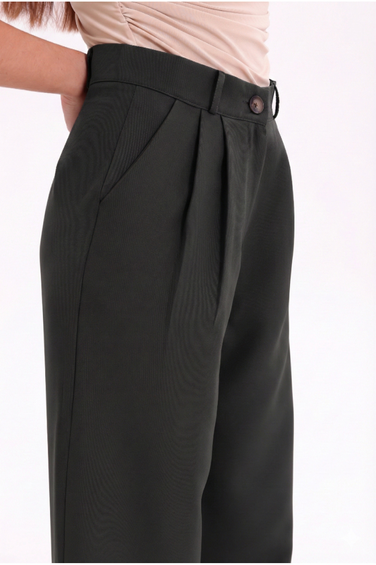 H&A İSTANBUL  Kadın Pileli Antrasit Kumaş yüksek bel Palazzo Pantolon - Görsel 5