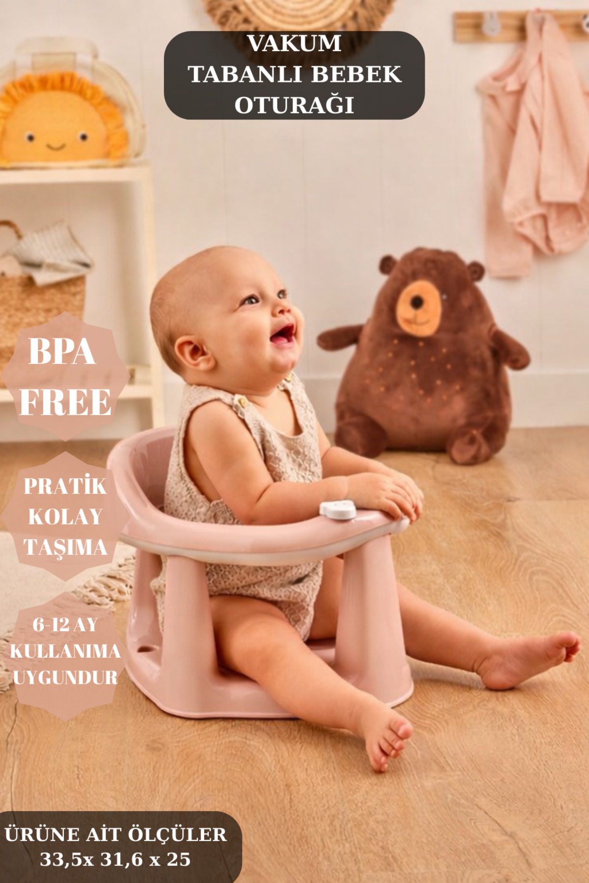PONÇİK STORE Vakum Tabanlı Bebek Mama Sandalye Oturağı Oyuncaklı Banyo Oturağı Pembe Minder Hediyeli fotoğrafı 2 (önizleme)