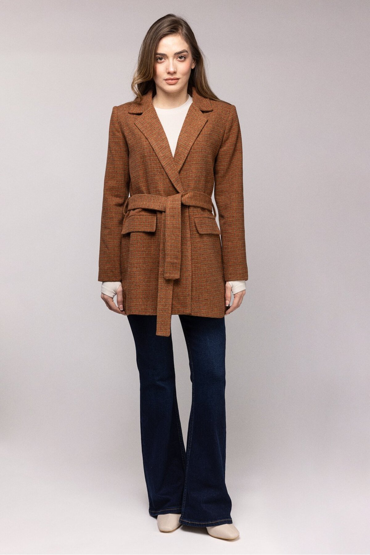 Saade  Premium Kuşaklı Cep Detaylı Blazer Dokuma Ceket - Görsel 3