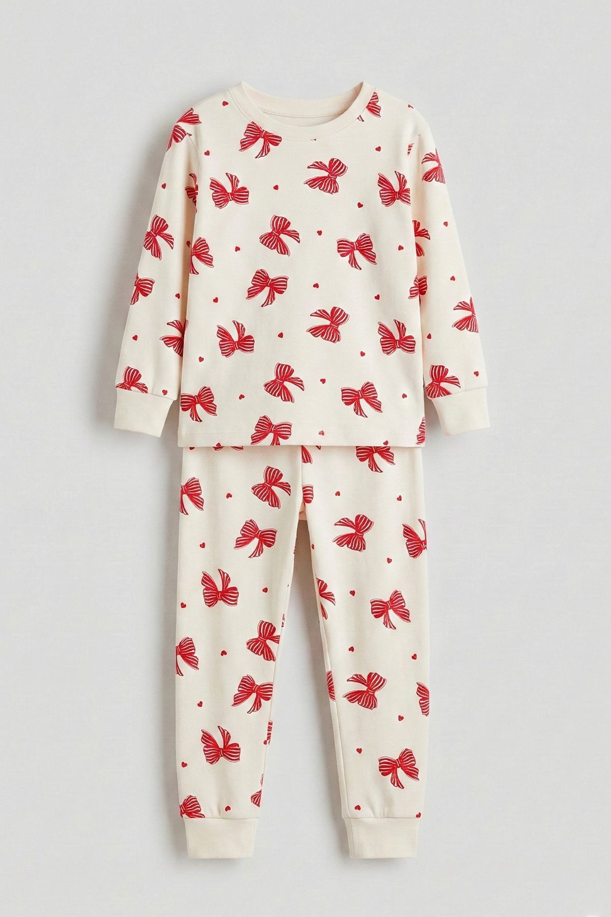 zuzunga Ekru Renk Kırmızı Fiyonk Baskılı Kız Çocuk Pijama Takımı fotoğrafı 6 (önizleme)