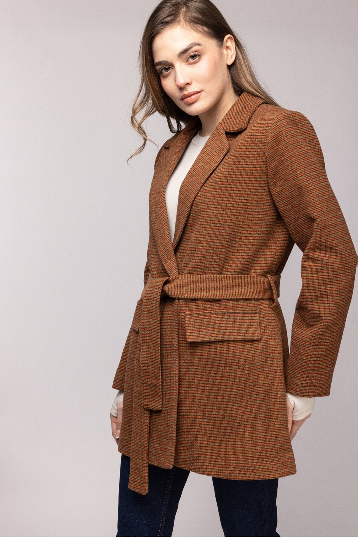 Saade  Premium Kuşaklı Cep Detaylı Blazer Dokuma Ceket - Görsel 2