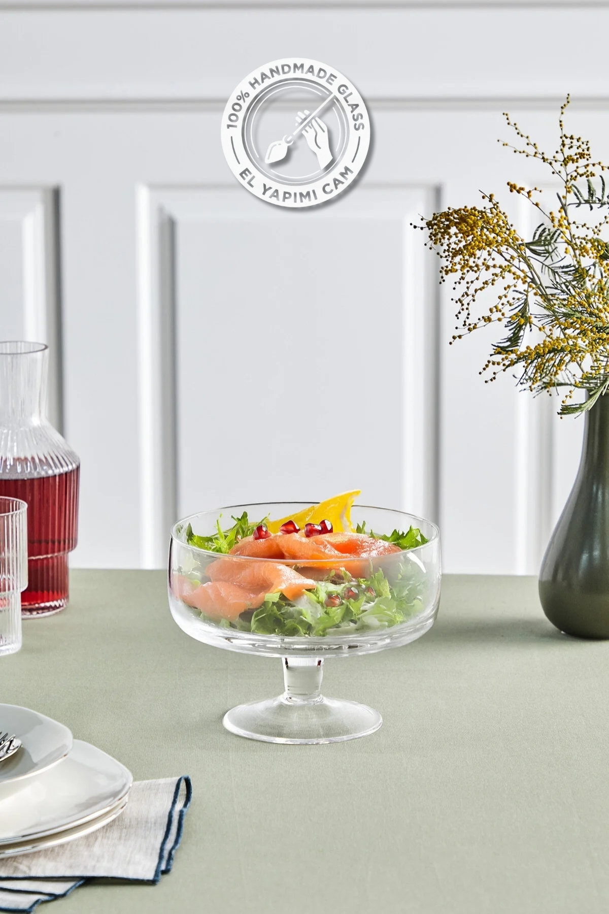 Selen Concept Noa Model Large Glass Salad with Legs and Serving Bowl