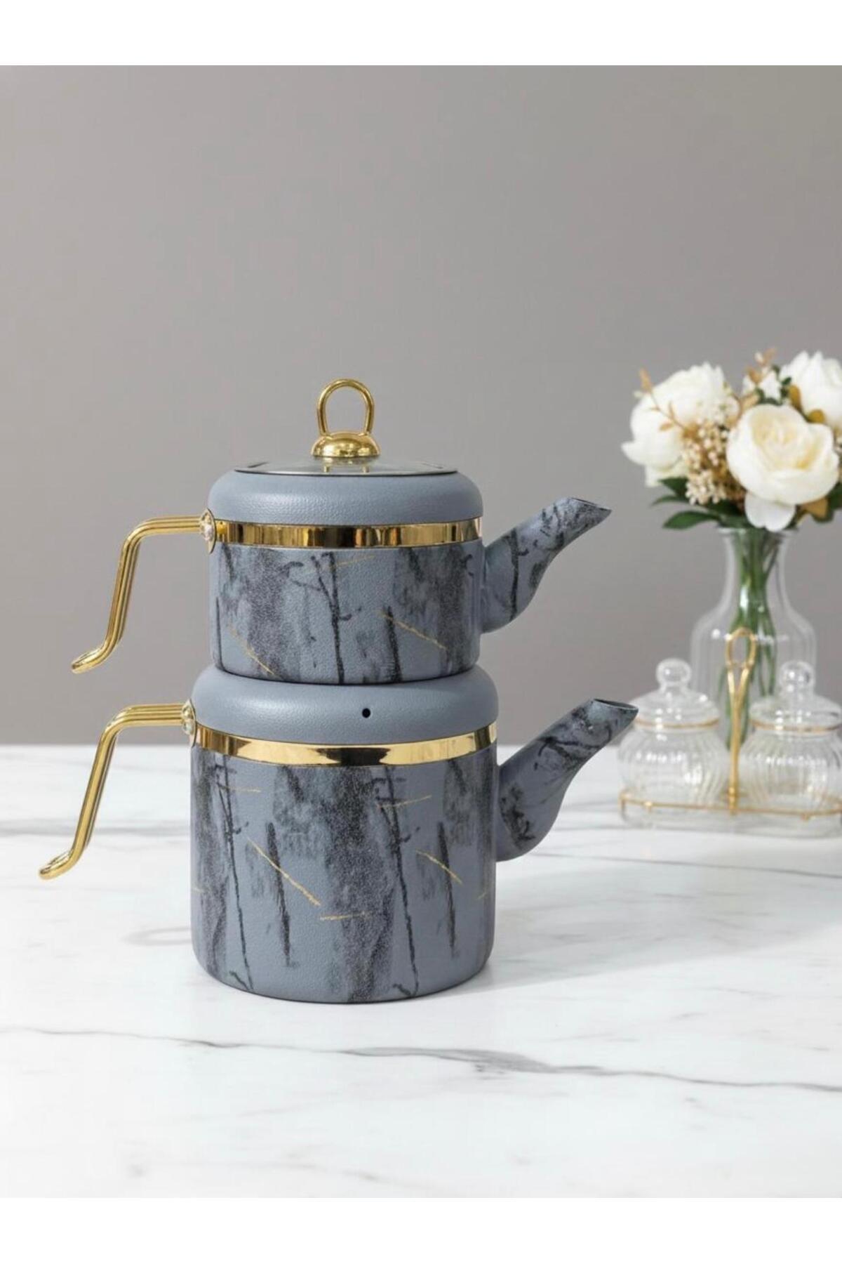 Özlife Vigo Golden Family Size Granite Teapot Set