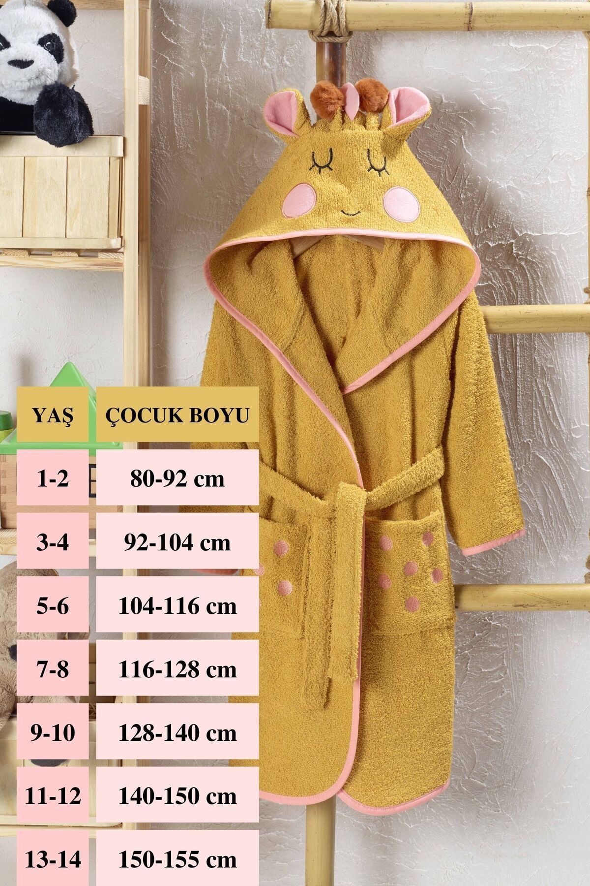 ELY PARKER Kapüşonlu Çocuk Bornoz %100 Pamuk Kız-erkek Bebek Çocuk Bornozu Hayvan Zürafa Hardal fotoğrafı 7 (önizleme)