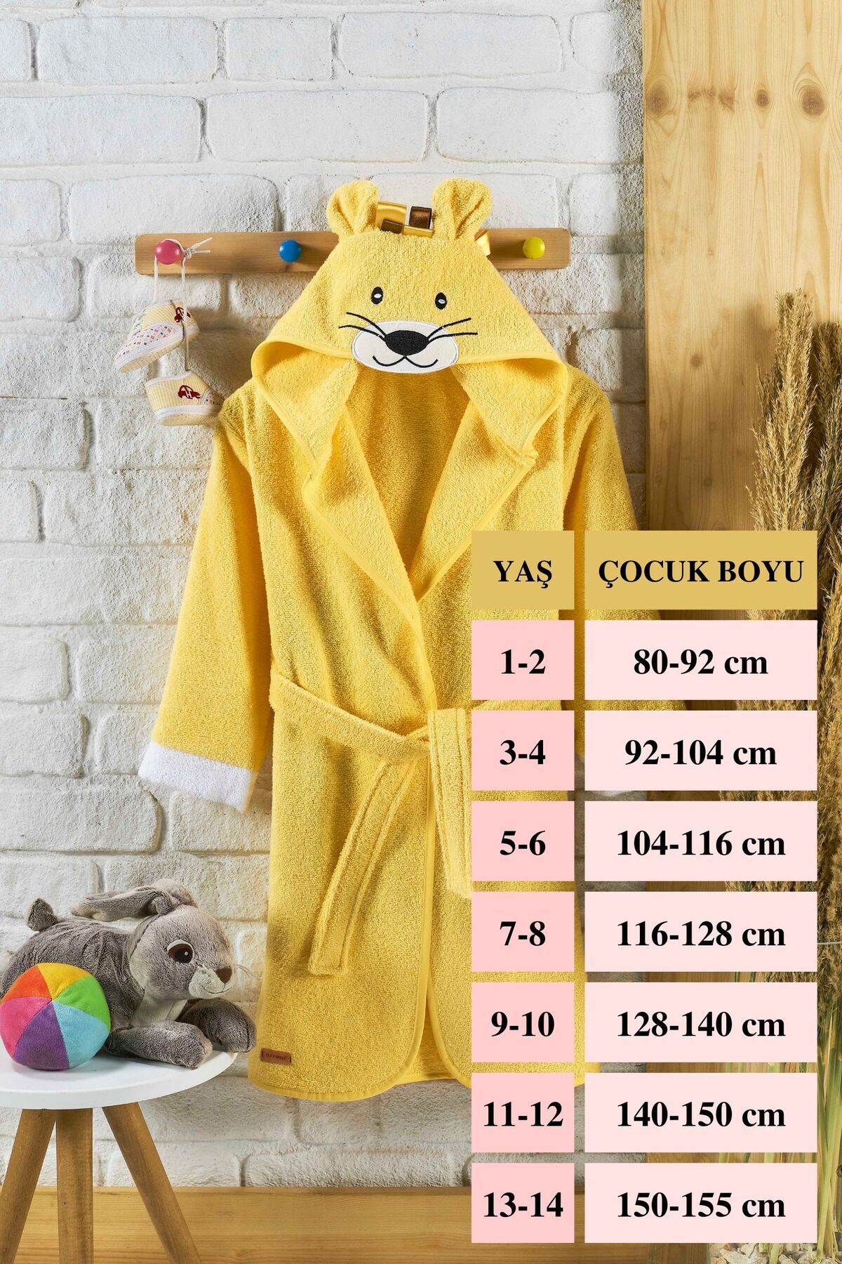 ELY PARKER Kapşonlu Çocuk Bornoz Pamuklu Su Emici Kız Erkek Bebek Aslan Sarı. fotoğrafı 4 (önizleme)
