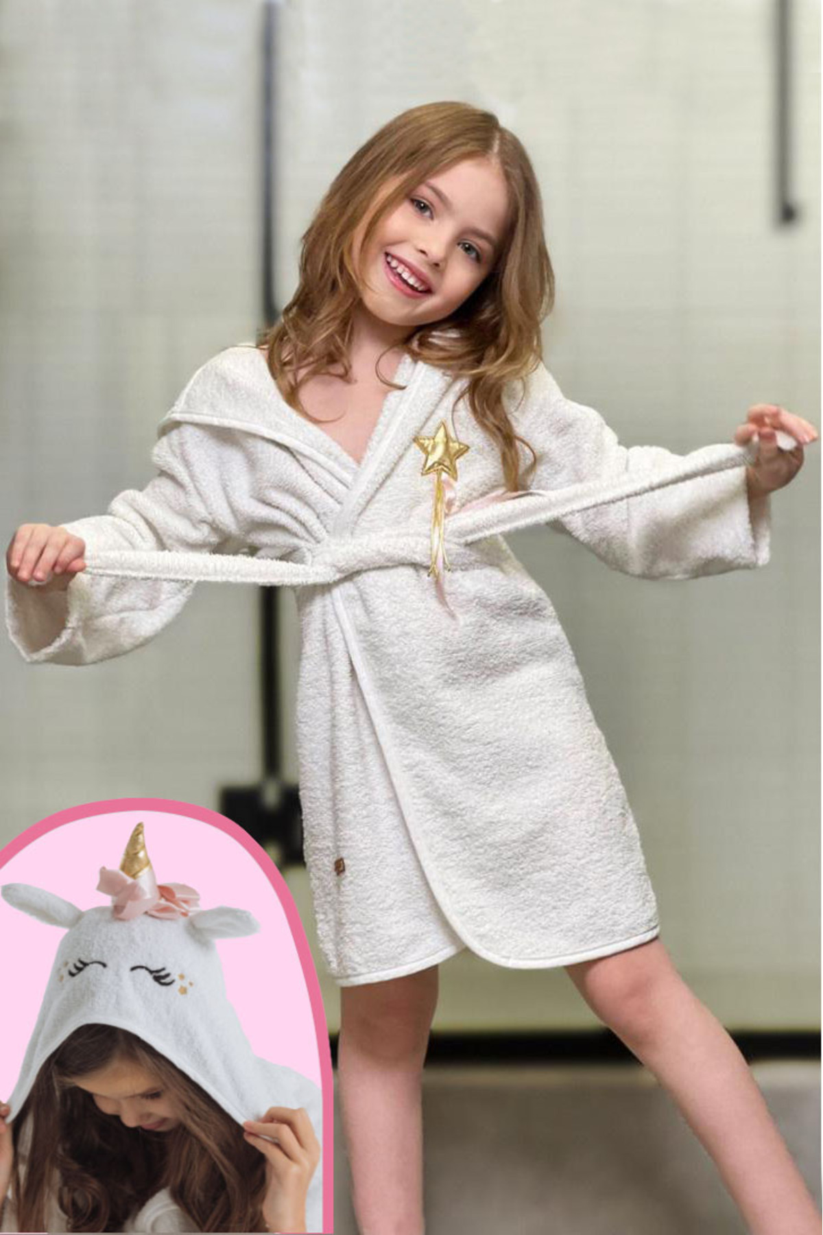 ELY PARKER Kapşonlu Çocuk Bornoz  Kız Bornozu Unicorn Kostüm Hayvan Beyaz fotoğrafı 4 (önizleme)