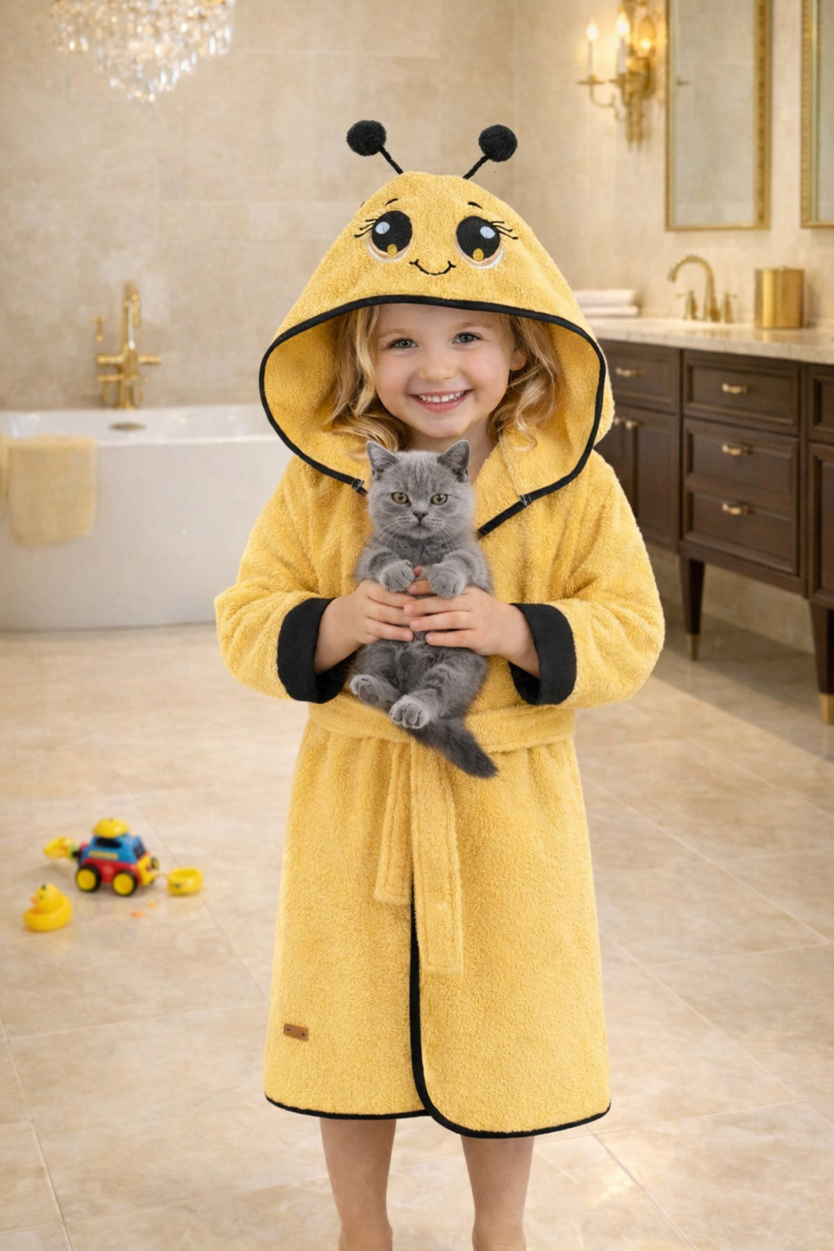 Kids Hooded Bathrobe Cotton Girl Bathrobe Animal Bee-Yellow Black