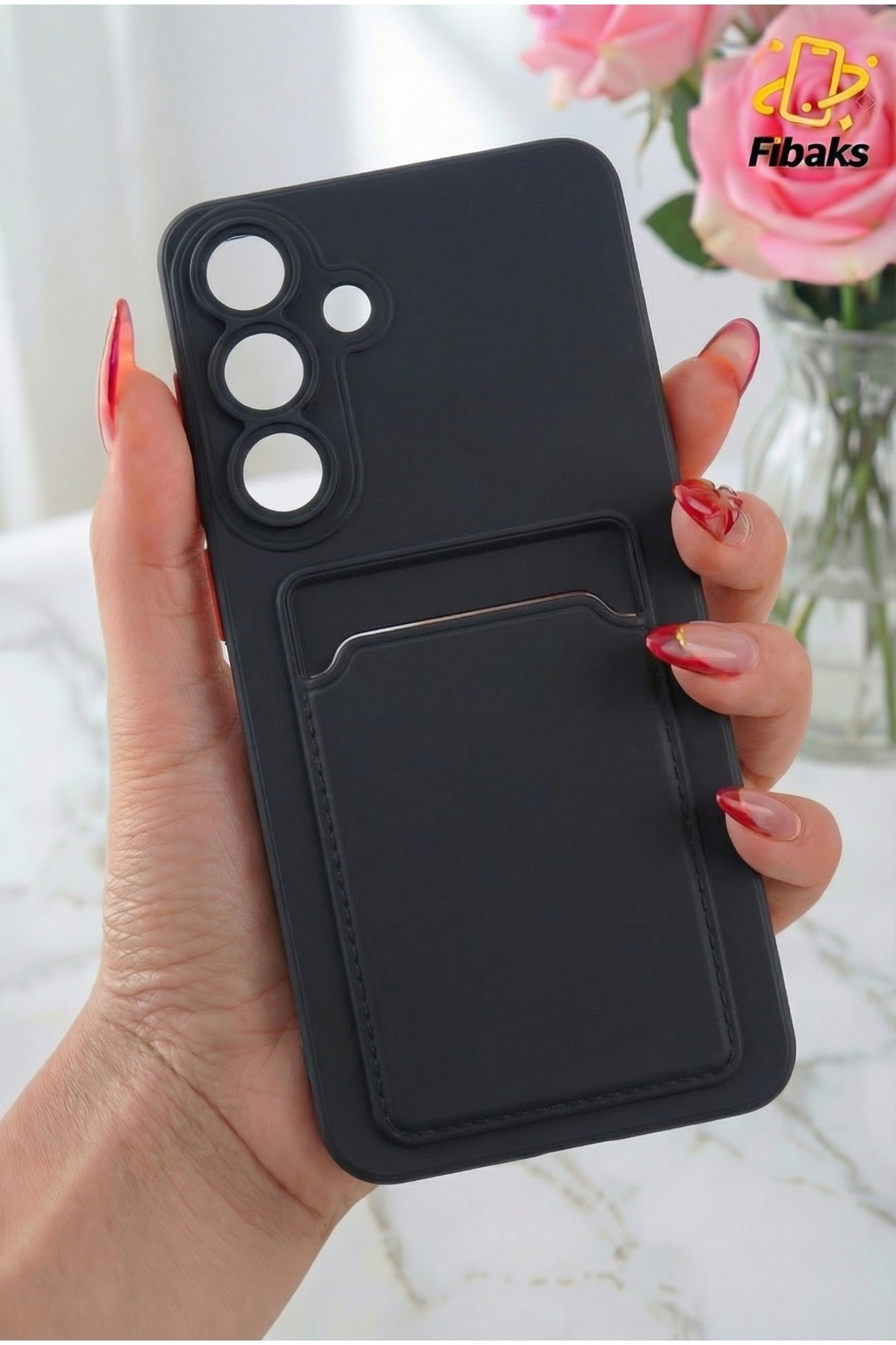 Galaxy S25 FE Case Black Silicone Cover with Red Keys and Wallet with Camera Protected Card Holder