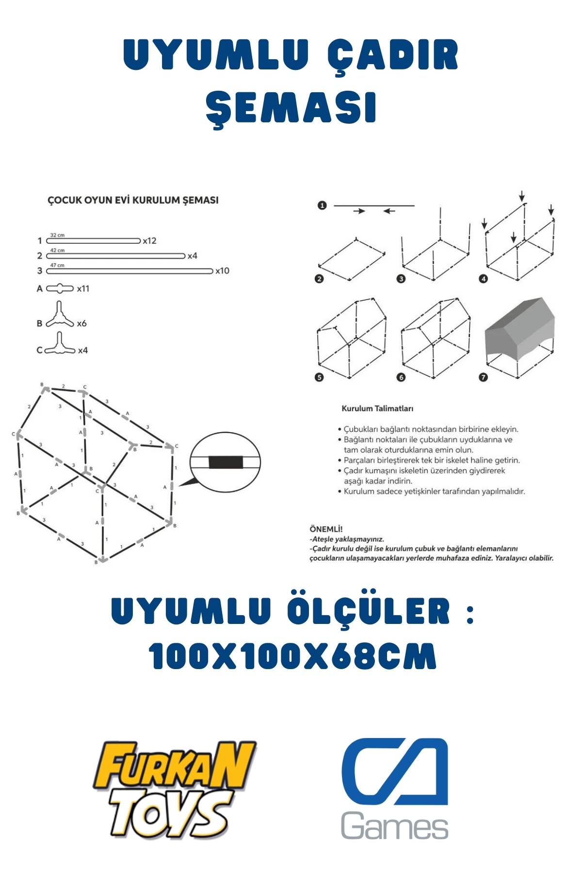 Şehir Online Mağazacılık 100x100x68cm Çadır için Sağlıklı Gıda Sınıfı Plastik Yedek Çubuklar Seti FurkanToy CA Games Uyumlu fotoğrafı 4 (önizleme)