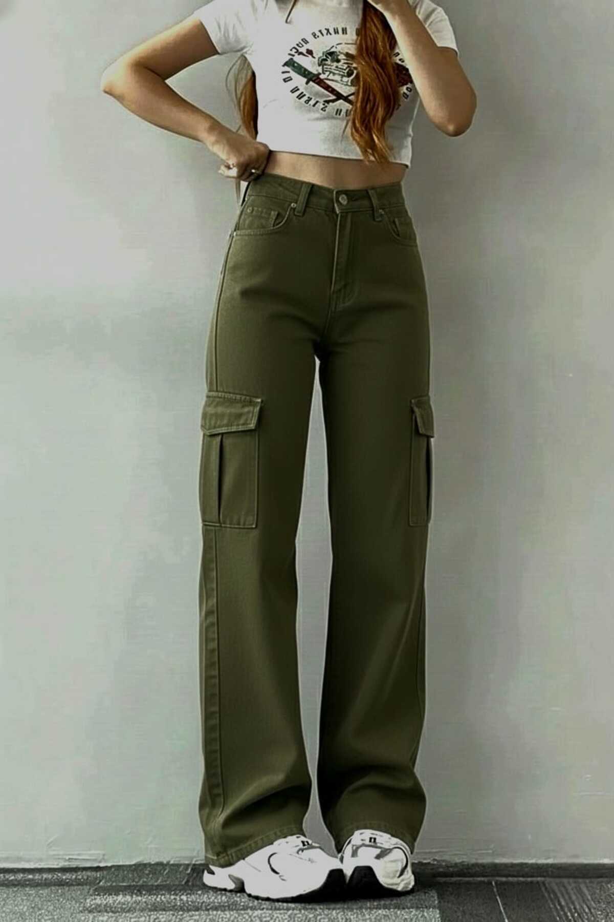 Trn JNS  Maribel Likralı Salaş Kargo Arka Cepsiz Haki Süper Yüksek Bel Salaş Paça Denim Kot Pantolon - Görsel 4