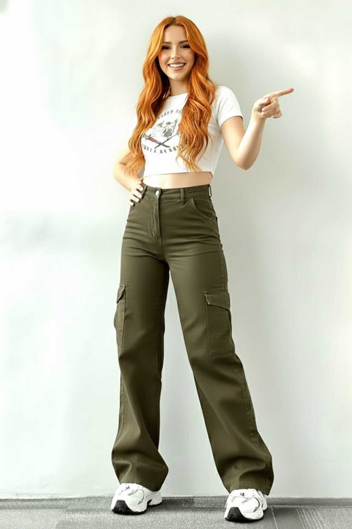 Trn JNS  Maribel Likralı Salaş Kargo Arka Cepsiz Haki Süper Yüksek Bel Salaş Paça Denim Kot Pantolon - Görsel 5