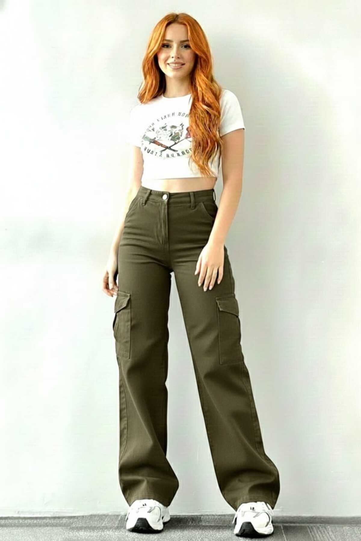 Trn JNS  Maribel Likralı Salaş Kargo Arka Cepsiz Haki Süper Yüksek Bel Salaş Paça Denim Kot Pantolon - Görsel 3