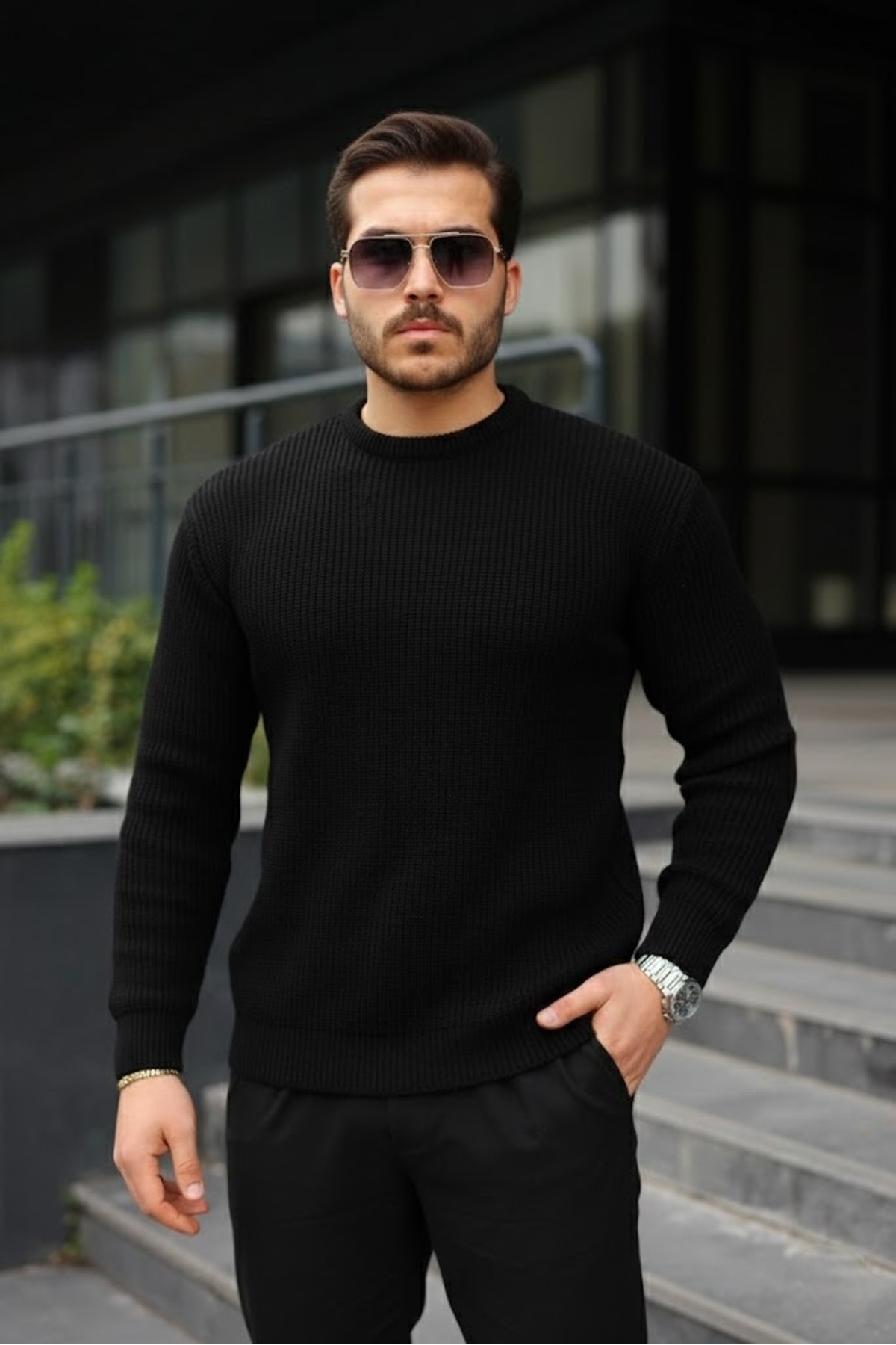 Erkek Slim Fit Bisiklet Yaka Triko Kazak — مشکی VYM-180206-MN — تصویر 7 از 8