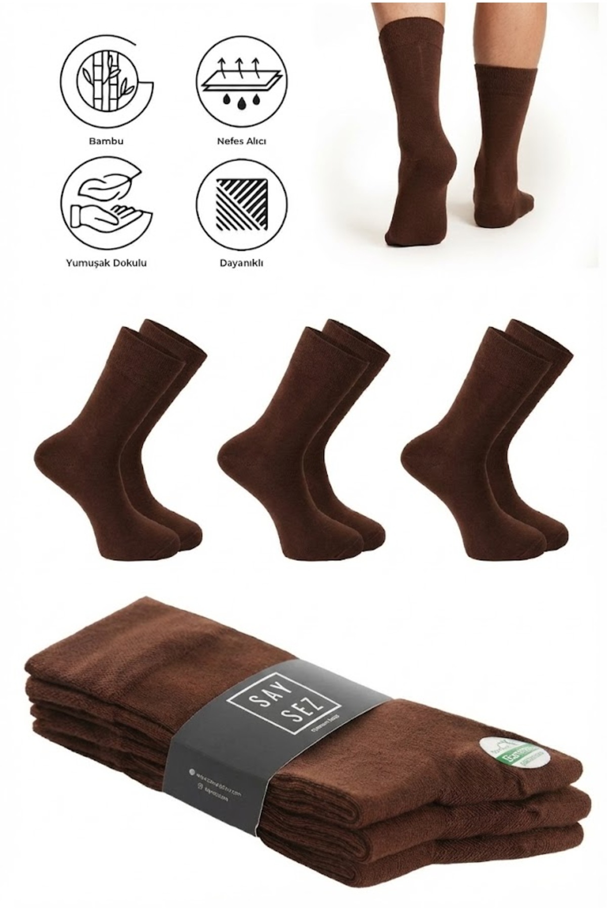 Bamboo Men's Socket Long Plain Brown Socks Seamless Premium Package 3-Pack / Wash Scented Soft Socks