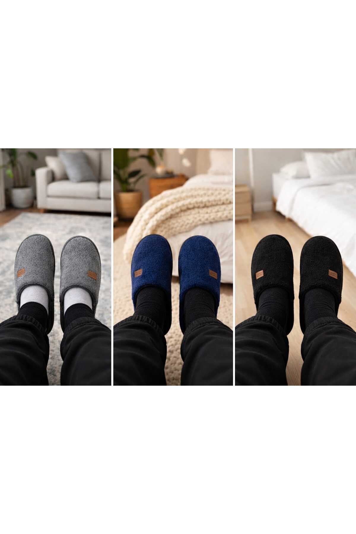 fluffy Kadın Erkek sessiz termo tabanlı, içi peluş, sıcak tutan kaliteli lüks ev terliği panduf 3'lü set görsel 2