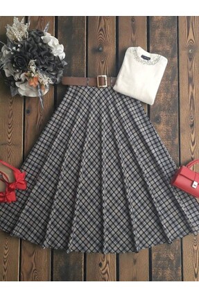 ŞAHİN TESETTÜR GİYİM ÇİZGİLİ EKOSE DESEN DERİ KEMERLİ YANDAN FERMUARLI KİLOŞ ...