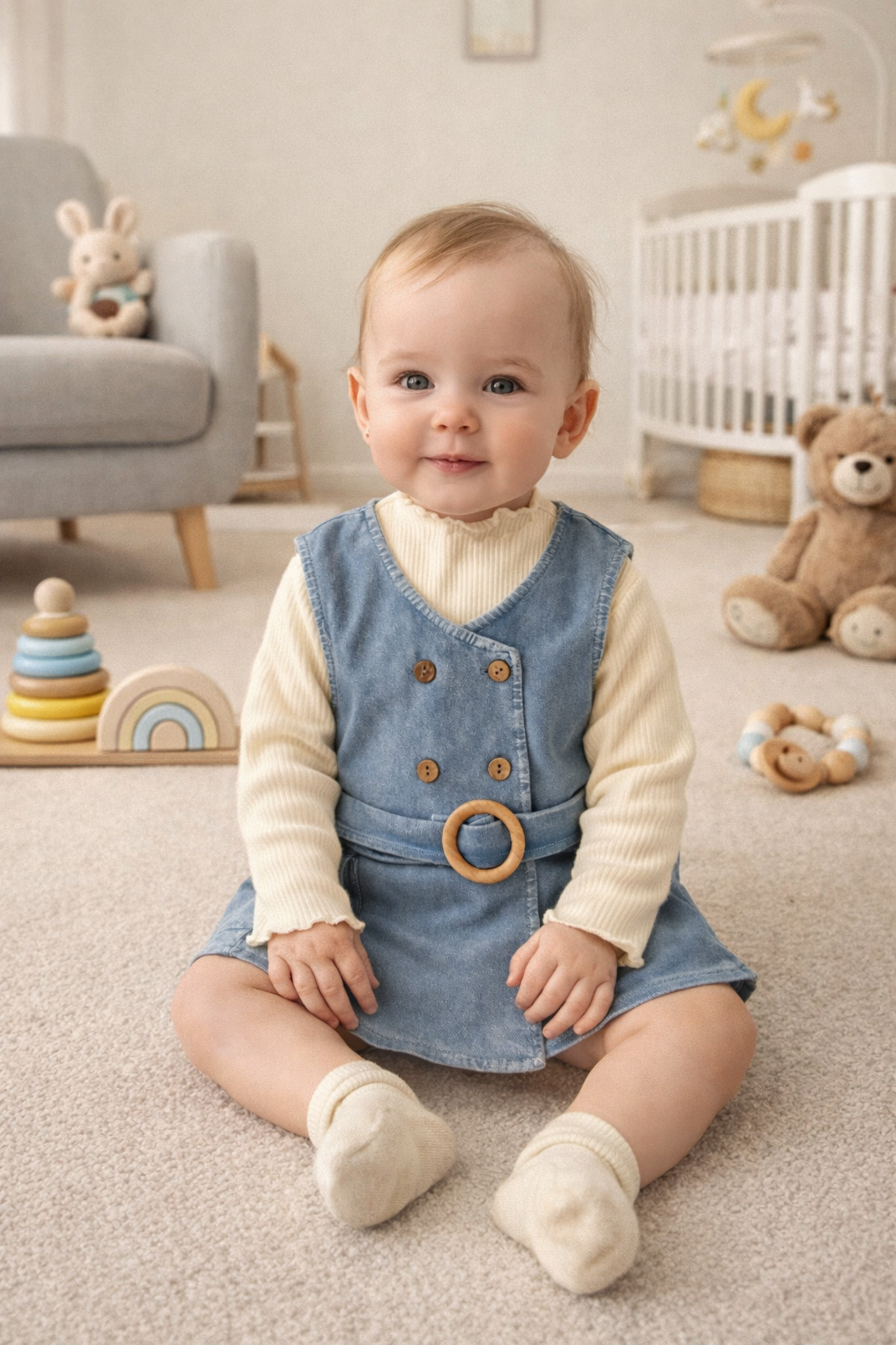 BEBEXO KIDS Kız Bebek Kruvaze Ahşap Düğme Detaylı Kemerli Kot Jile Elbise+Uzun Kollu Body 2'li Takım fotoğrafı 2 (önizleme)