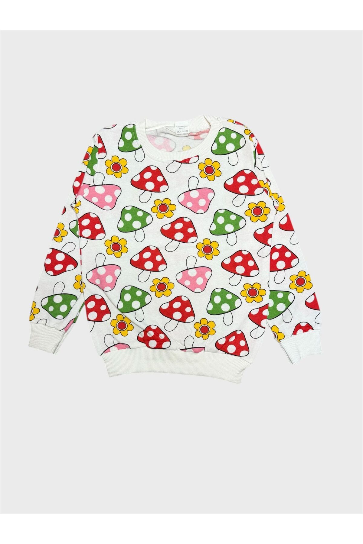 tusem butik homewear Kız Çocuk Pamuklu Şardonlu Beyaz Mantar Desenli Uzun Kollu Kışlık Pijama Takımı fotoğrafı 2 (önizleme)