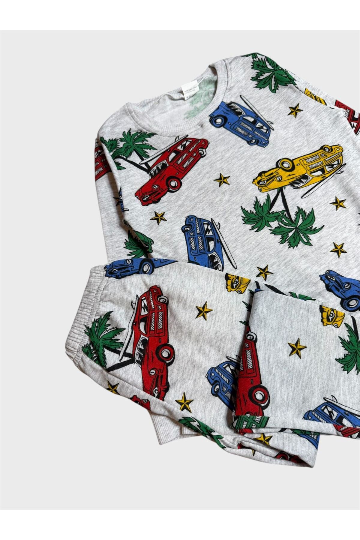 tusem butik homewear Erkek Çocuk Pamuklu Gri Şardonlu Palmiye Araba Desenli Uzun Kollu Pijama Takımı fotoğrafı 2 (önizleme)