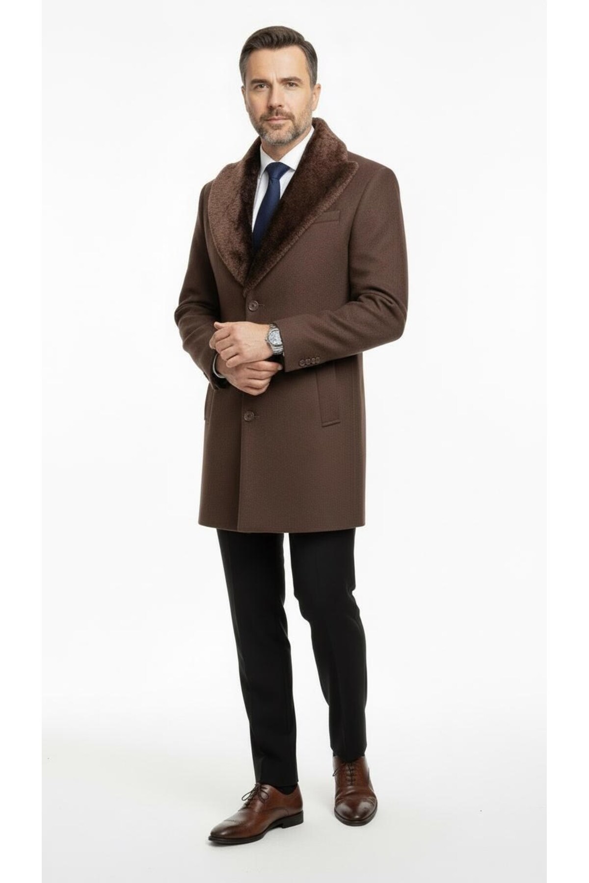 Plus Scorpion  Erkek Uzun Kaşe Kaban Palto Mont– Çıkartılabilir Kürk Yaka, Astarlı ve Cepli Slim Fit - Görsel 2