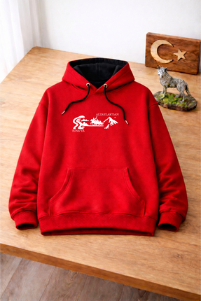 ECKU Altaylardan Tunaya Baskılı 3 İplik Şardonlu Kumaş Oversize Kalıp Hoodiie