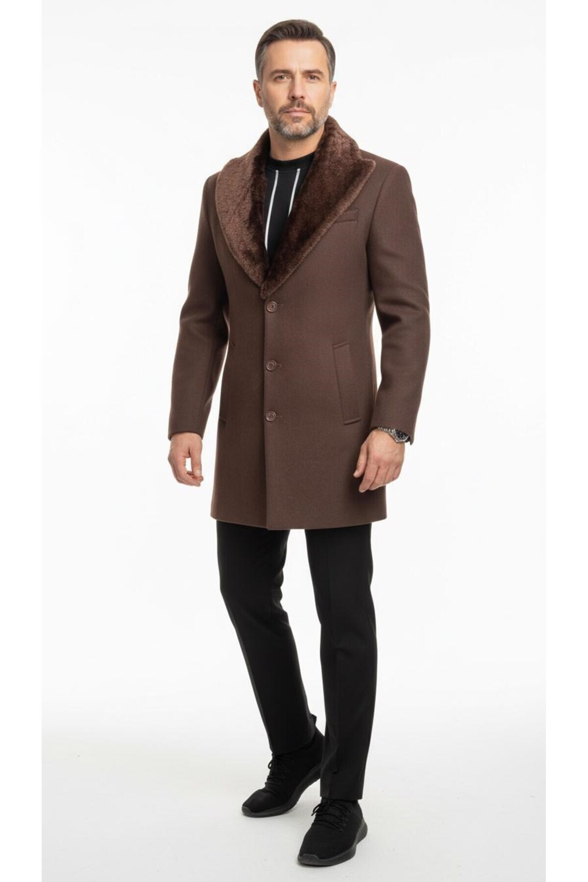 Plus Scorpion  Erkek Uzun Kaşe Kaban Palto Mont– Çıkartılabilir Kürk Yaka, Astarlı ve Cepli Slim Fit - Görsel 6