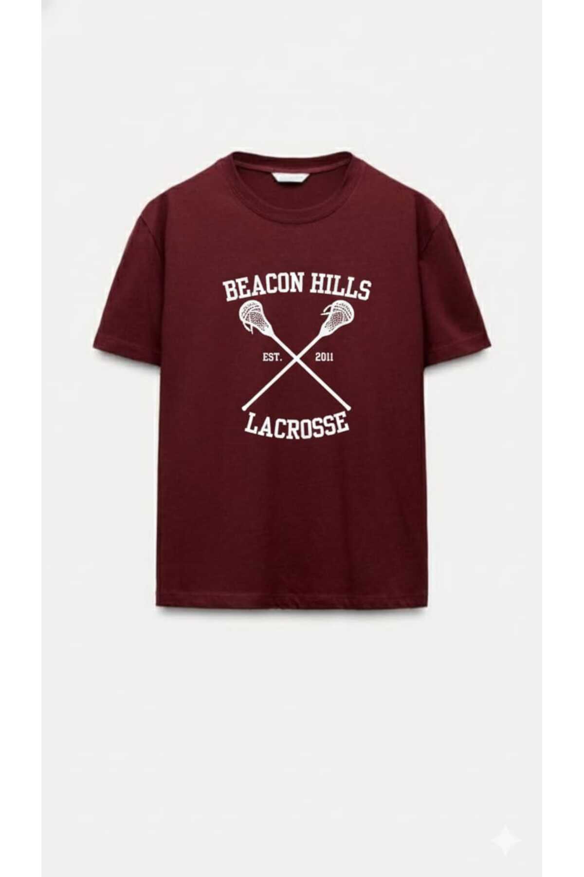 MODARİCH  Teen Wolf T-Shirt - Bordo Baskılı Oversize Bisiklet Yaka Kısa Kol Bol