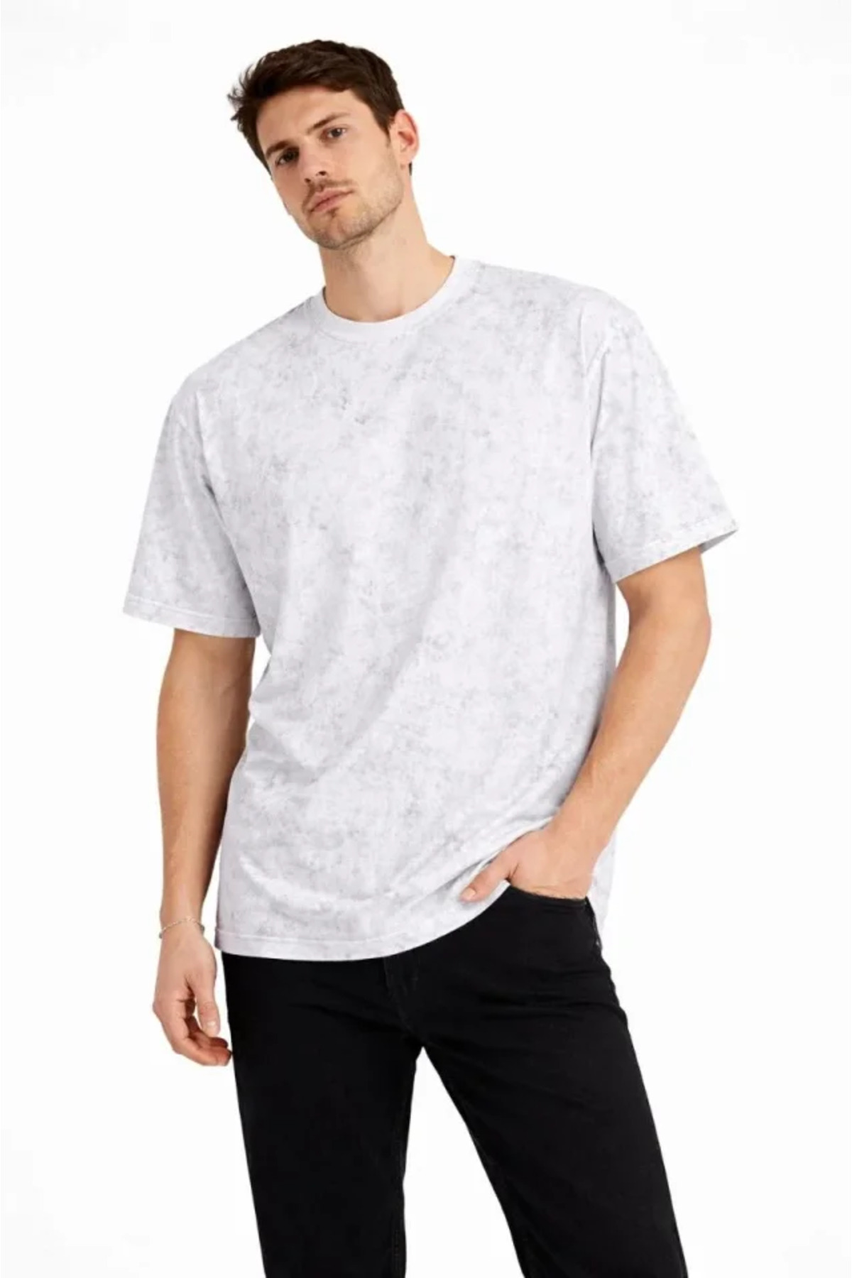Erkek Asit Yıkama Bisiklet Yaka Kısa Kollu Oversize T-Shirt Tişört - Beyaz