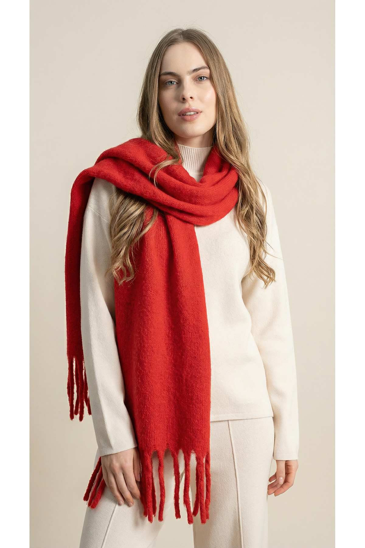 Shophia İthal Puffy Oversize Kadın Atkı Şal - Kırmızı görsel 3