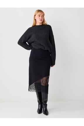 Jimmy Key Siyah Normal Bel Yumuşak Dokulu Dantelli Midi Etek
