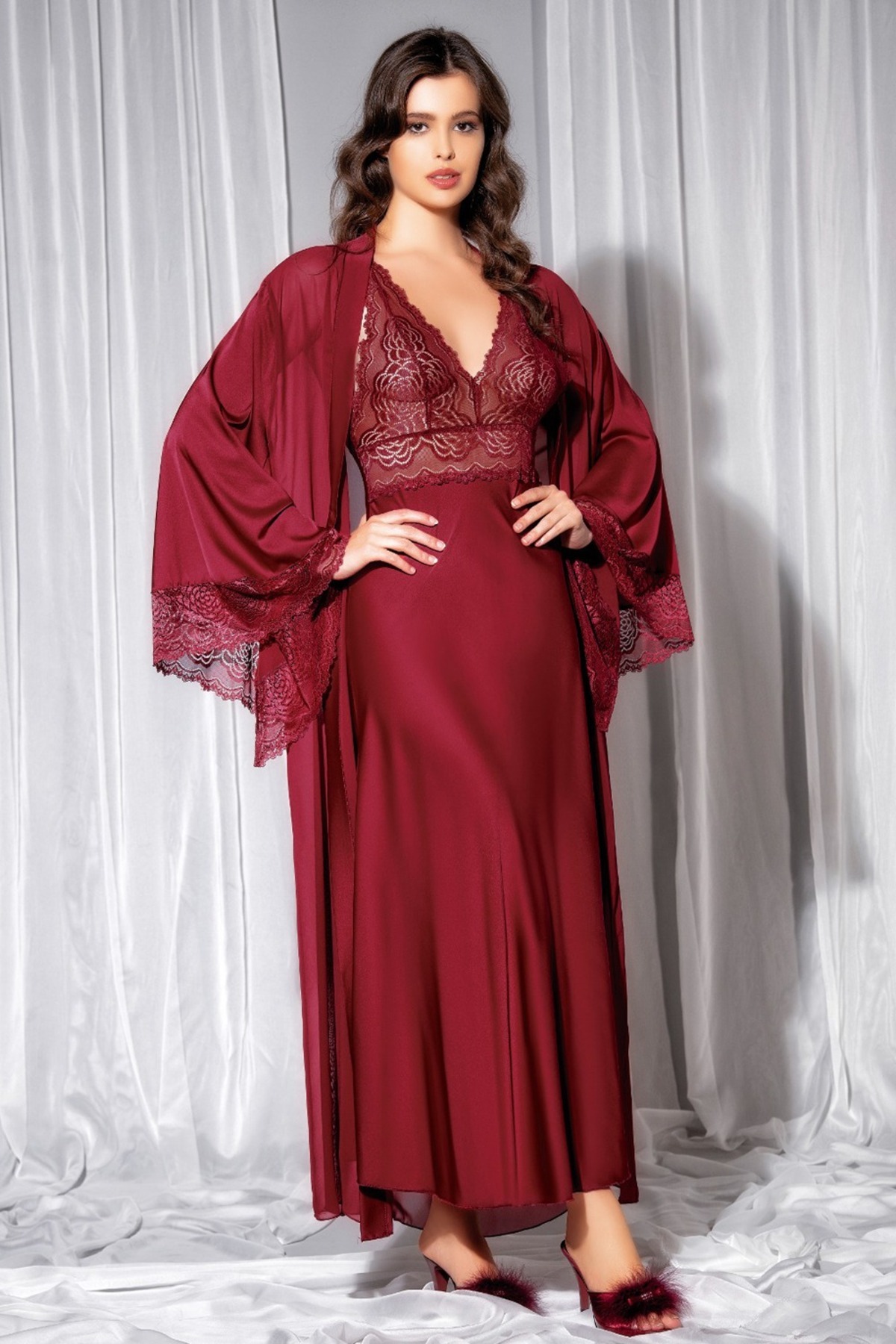 aynora Kadın Geniş Kol Model Dantelli Uzun Bordo Gecelik Sabahlık Takımı
