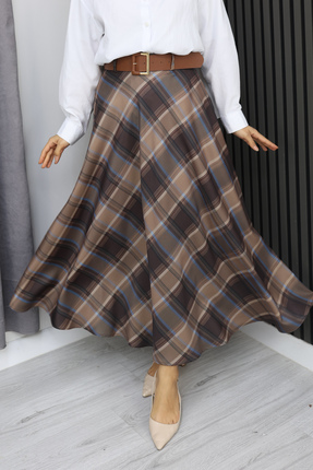 Grosh Fashion Ekose Desenli Uzun Etek – Kemer Detaylı