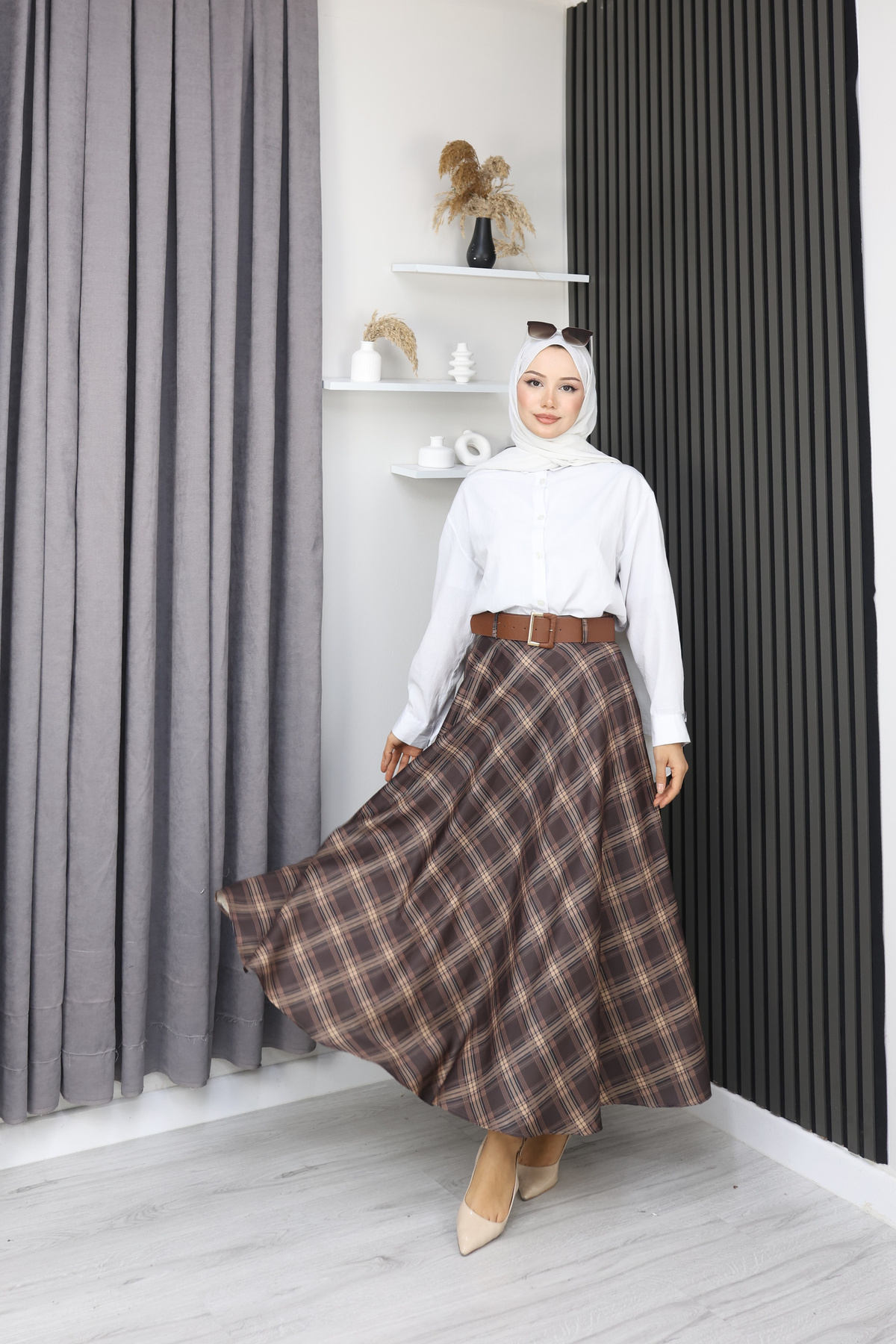 Grosh Fashion  Ekose Desenli Uzun Etek – Kemer Detaylı - Görsel 5