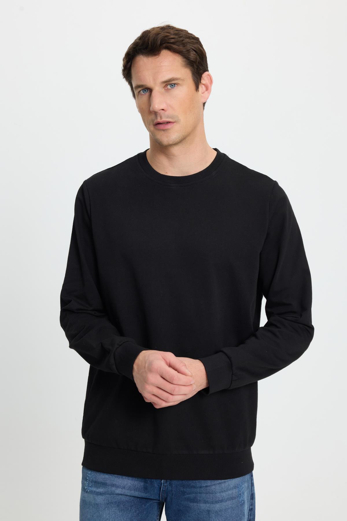 Tudors  Erkek 3'lü Kahverengi-Taş-Siyah Relax Fit Rahat Kesim %100 Pamuk 2 İplik Bisiklet Yaka Sweatshirt - Görsel 4
