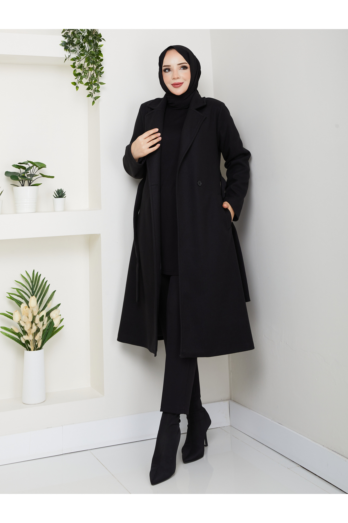 MEHDENEFE Astarlı Kuşaklı Kaşe Kaban MDE3112 görsel 3